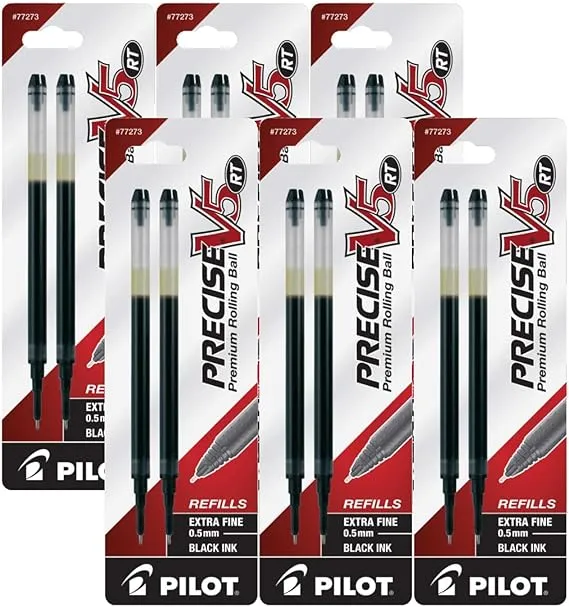 Pilot Precise V5 RT Liquid Ink Retractable Rollerball Pen Refills, 0.5mm, Extra Fine Point, Black Ink, Pack of 12