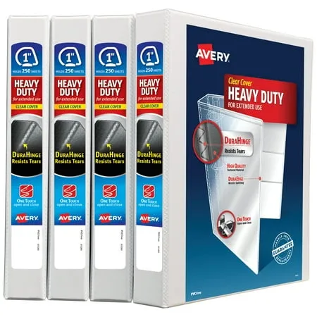 Avery - Heavy-Duty Non Stick View Binder with DuraHinge and Slant Rings, 3 Rings, 1" Capacity, 11 x 8.5, White, 4/Pack