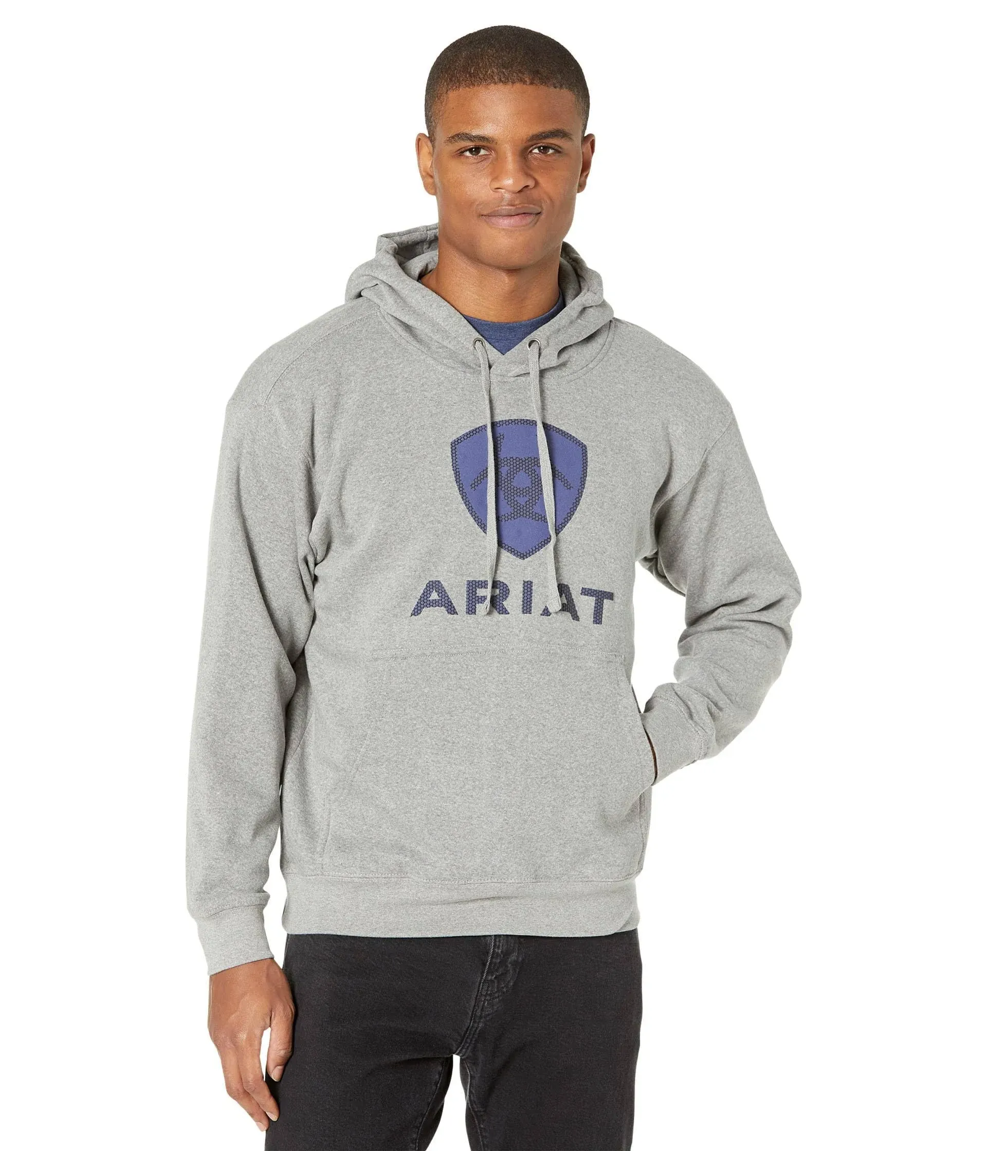 Ariat Hoodie Men&#039;s Large Sweatshirt Heather Grey Raised Logo Pocket NEW