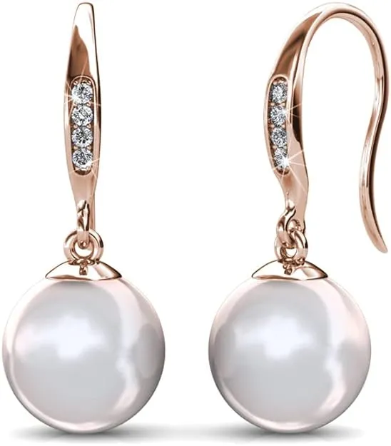 Cate & Chloe Betty 18K White Gold Plated Freshwater Pearl Earrings with Crystals, Beautiful Classic Pearl Drop Dangle Earrings, Women's Special Occasion Jewelry