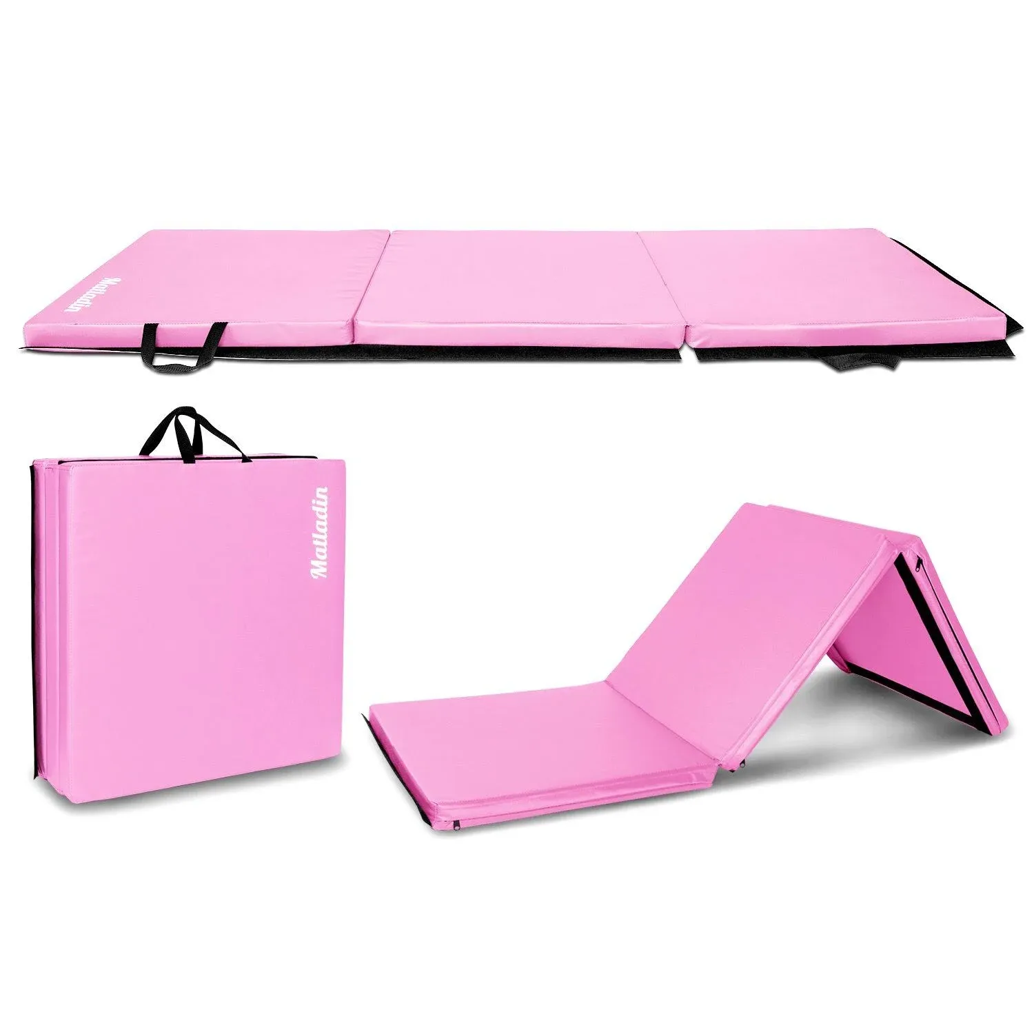 Matladin 6' Folding Tri-fold Gymnastics Gym Exercise Aerobics Mat, 6ft x 2ft x 2in PU Leather Tumbling Mats for Stretching Yoga Cheerleading Martial Arts (Pink)