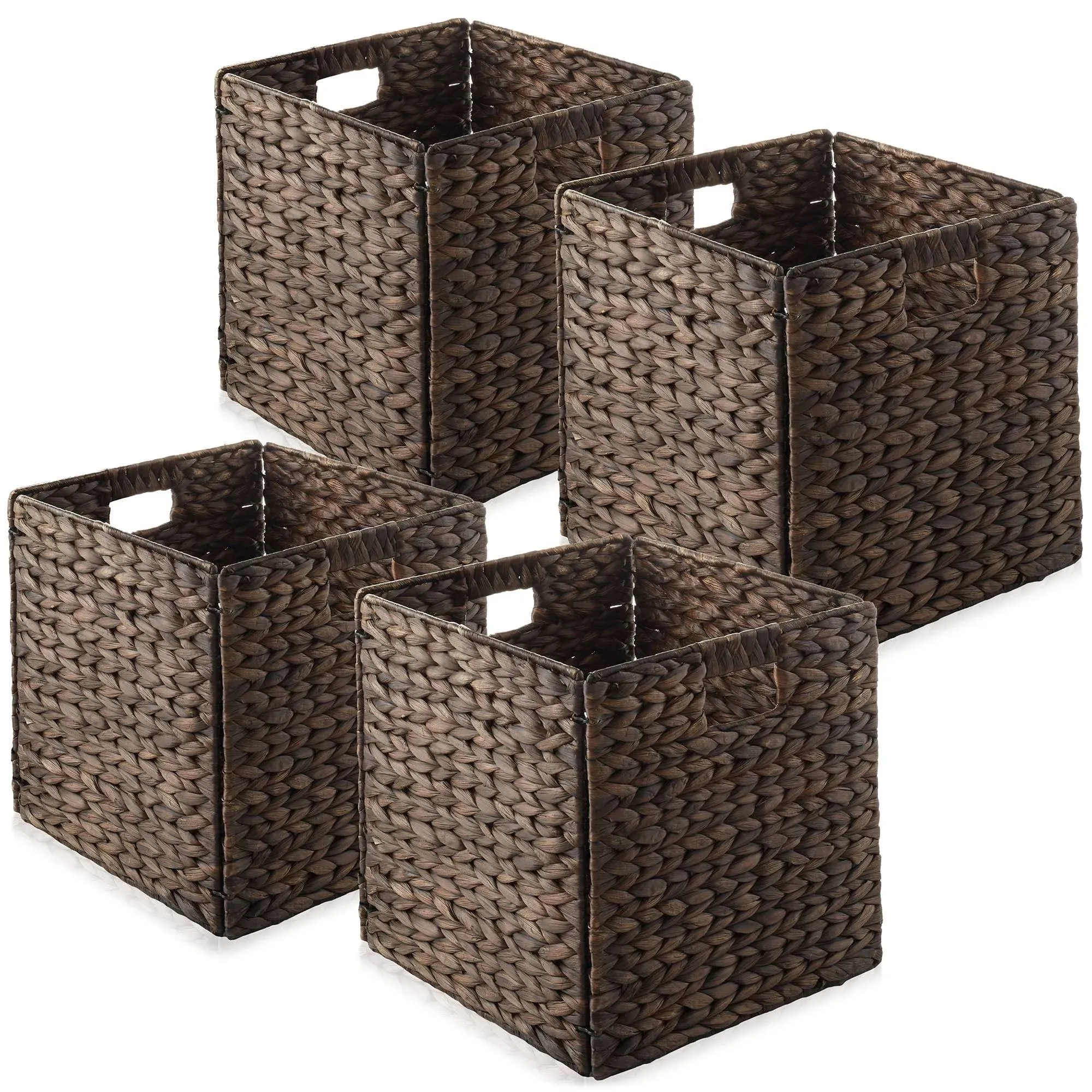 Casafield 12 inch x 12 inch Water Hyacinth Storage Baskets, Espresso - Set of 4 Collapsible Cube Organizers, Woven Bins for Bathroom, Bedroom, Laundry