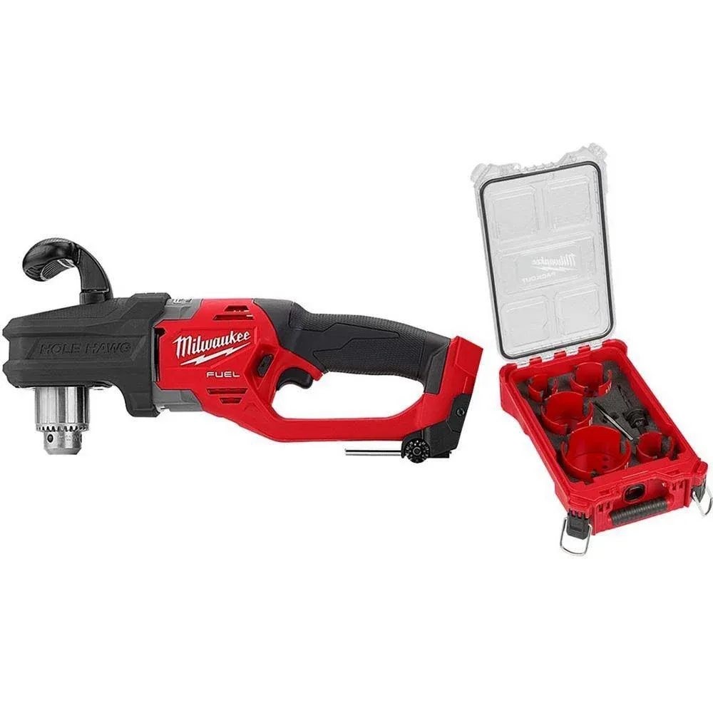 Milwaukee 2807-20-49-56-9295 M18 Fuel Gen II 18-Volt Lithium-Ion Brushless Cordless 1/2 in. Hole Hawg Right Angle Drill w/9pc PACKOUT Hole Saw Kit