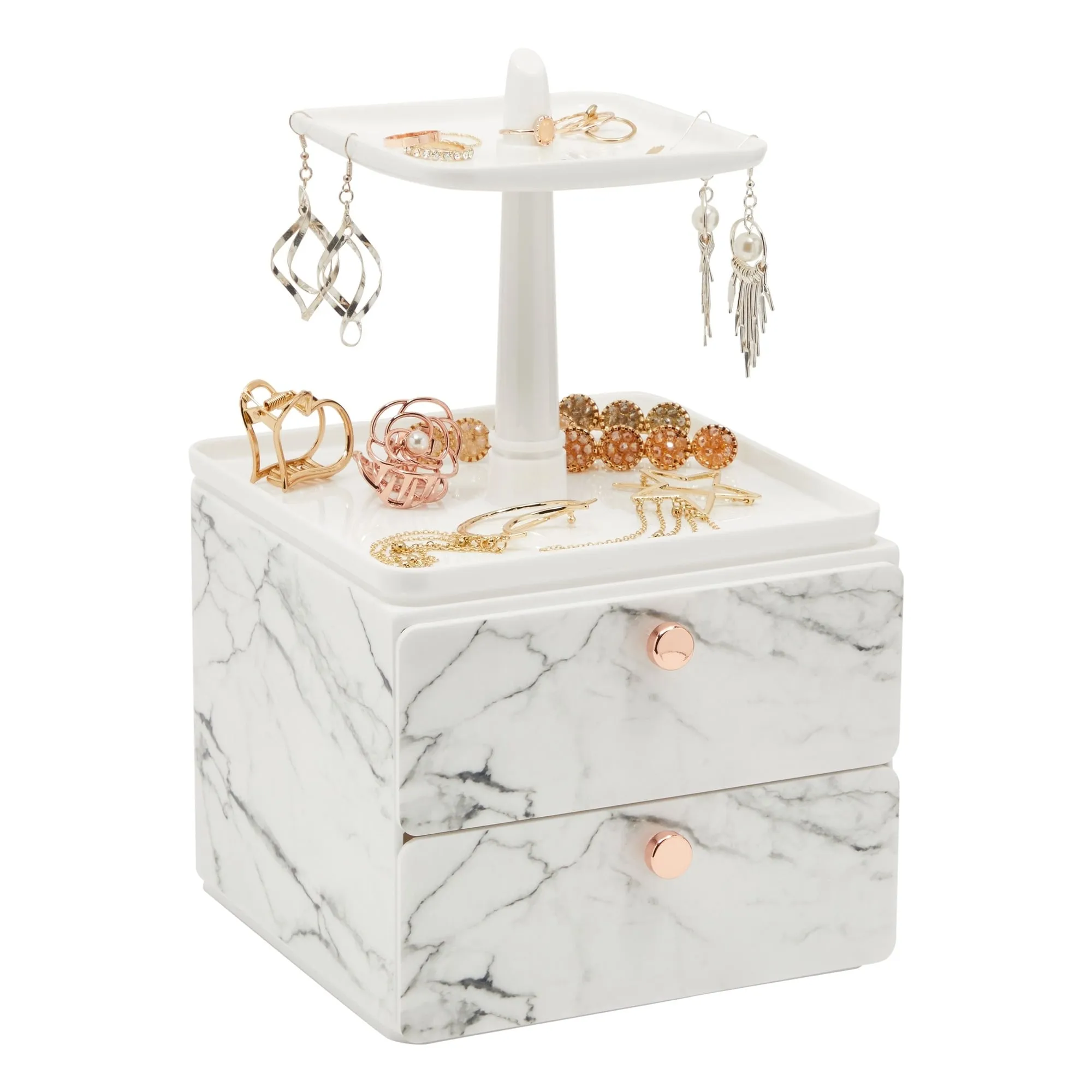 Marble Jewelry Display Tray and Makeup Organizer with Drawer for Vanity (7.3 x 7.7 x 13 in)