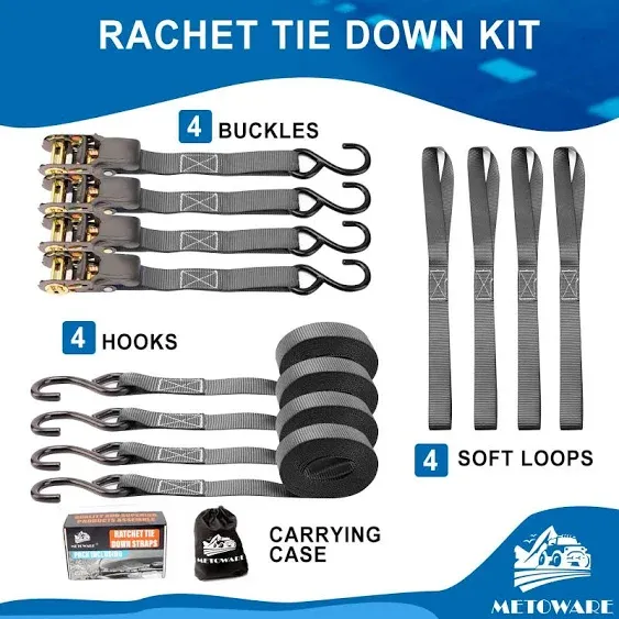 Ratchet Straps Tie Down - 1764lb Break Strength - 4PK 1’’ x 15’ Rachet Tie Downs with Padded Handle, Coated S Hook, Soft Loop, Storage Bag for Moving Cargo, Lawn Equipment, Motorcycle (Black)