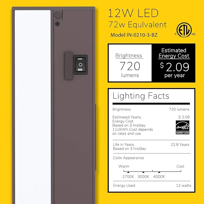 GETINLIGHT 3 Color Levels Dimmable LED Under Cabinet Lighting with ETL Listed, 24-inch, Warm White (2700K), Soft White (3000K), Bright White (4000K), Bronze Finished, IN-0210-3-BZ