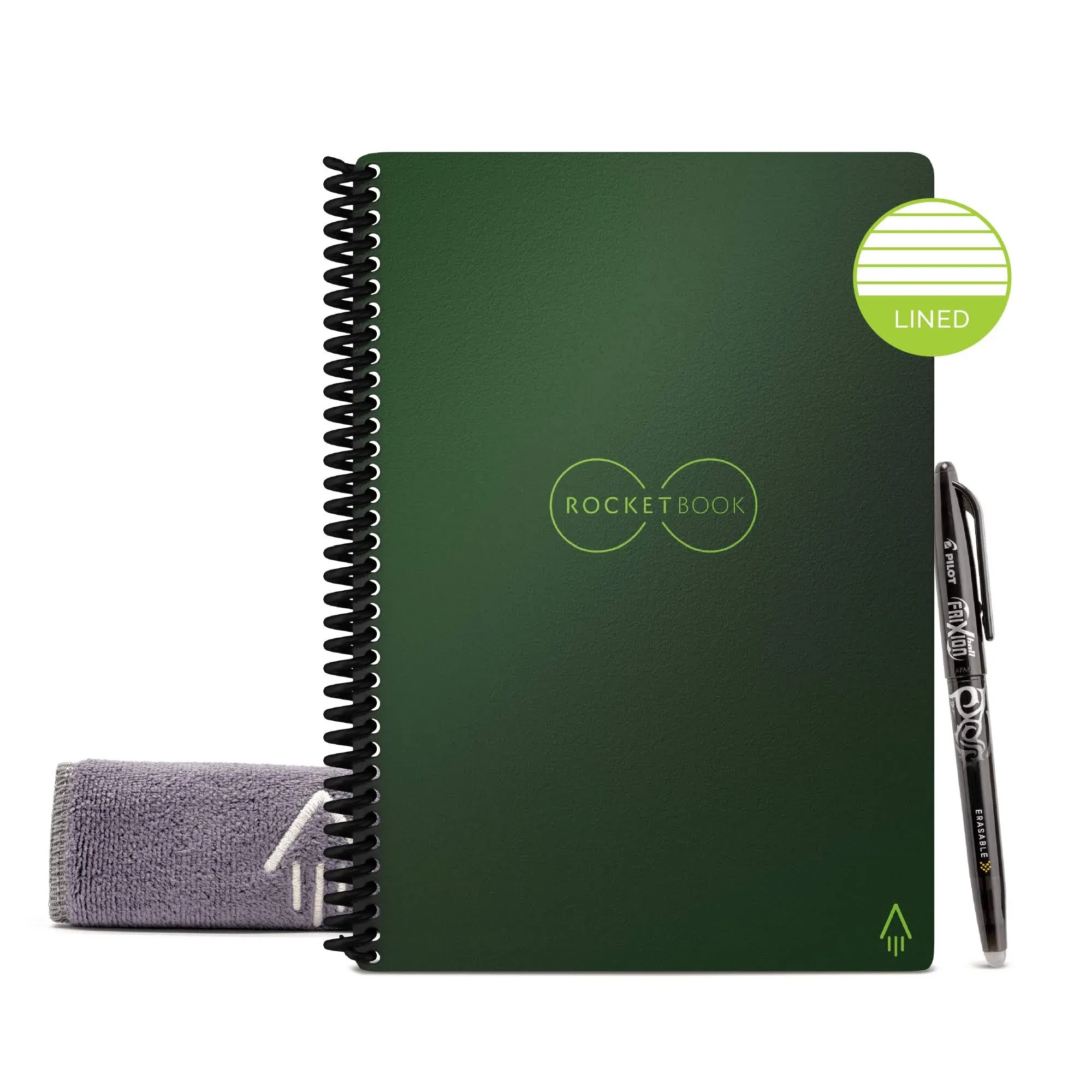 Rocketbook Core Smart Reusable and Sustainable Spiral Notebook - Green - Executive Size Eco-Friendly Notebook (6" x 8.8") - 36 Lined Pages - Includes 1 Pen and Microfiber Cloth