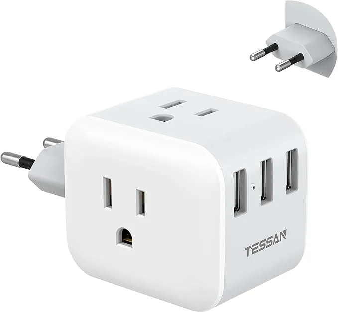 TESSAN European Travel Plug Adapter, 6 in 1 Travel Adapter with 3 AC Outlets 3 USB, US to Europe Plug Adapter, USA to Most of Europe Germany Iceland