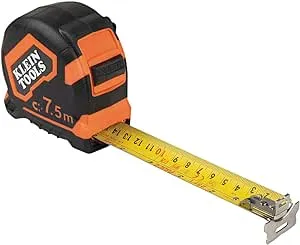 Klein Tools 9375 Tape Measure, Heavy-Duty Measuring Tape with 7.5 m Metric Double-Hook Double-Sided Nylon Reinforced Blade, Metal Belt Clip