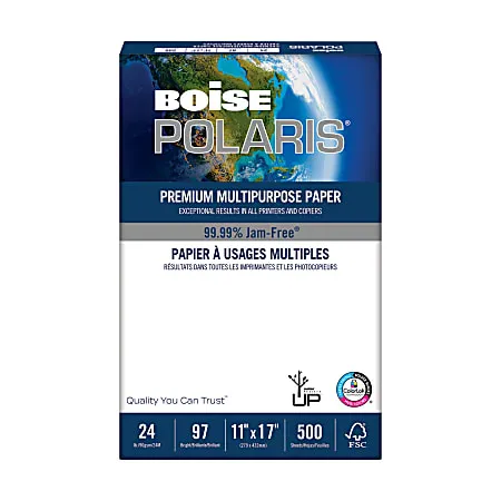 Boise&reg; POLARIS&reg; Premium Multi-Use Printer &amp; Copy Paper, 1 Ream, White, Ledger (11&quot; x 17&quot;), 500 Sheets Per Ream, 24 Lb, 92 Brightness, FSC&reg; Certified