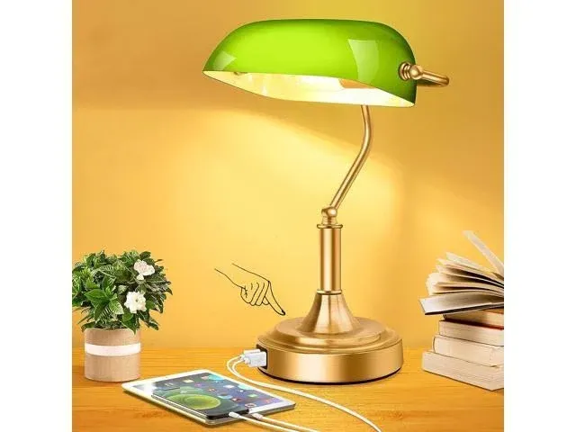 Bankers Lamp with 2 USB Ports, Touch Control Green Glass Desk 