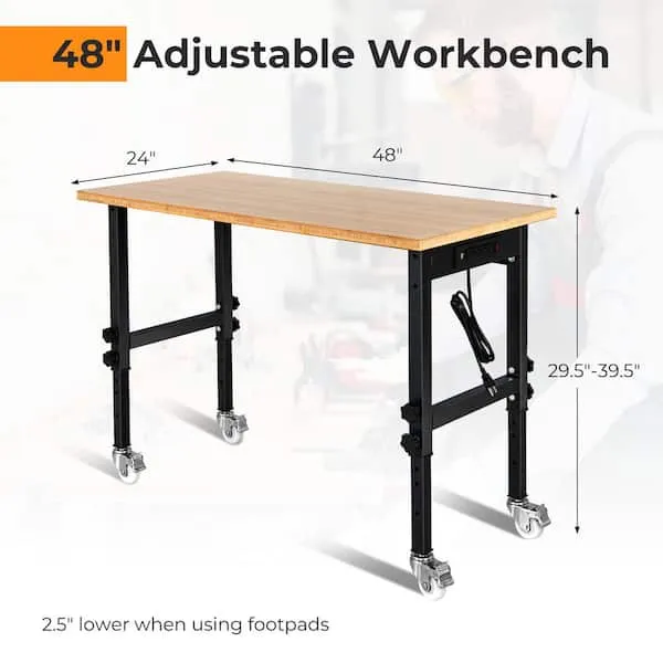 48 in. x 24 in. Adjustable Height Workbench Mobile Tool Bench Bamboo Top with Ca