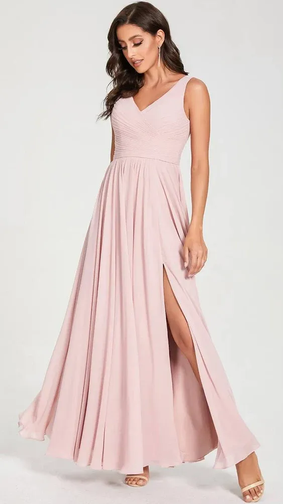 WaterDress V-Neck Bridesmaid Dress with Slit Chiffon A-line Pleated Formal Dress