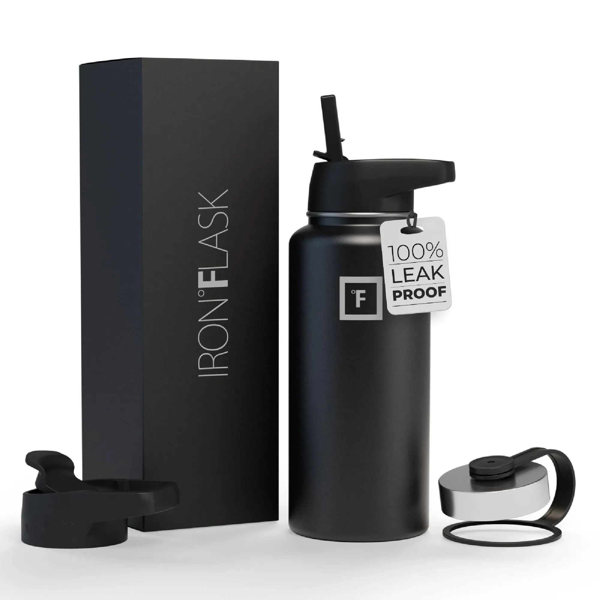 IRON °FLASK Sports Water Bottle - 32oz, 3 Lids (Straw 32 Oz, Midnight Black 