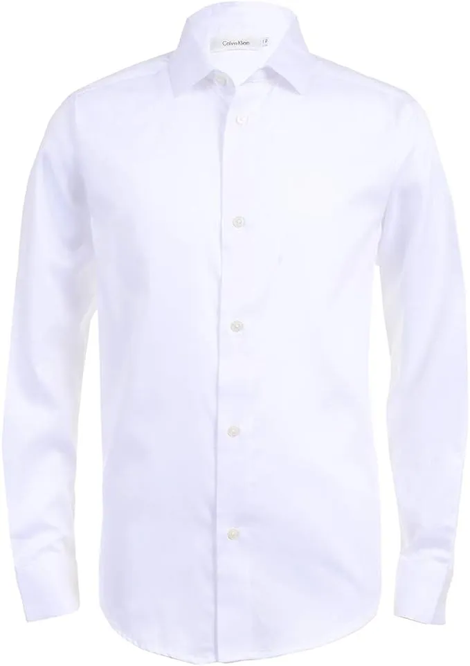 Calvin Klein Boys' Long Sleeve Sateen Dress Shirt, Style with Buttoned Cuffs & Shirttail Hem