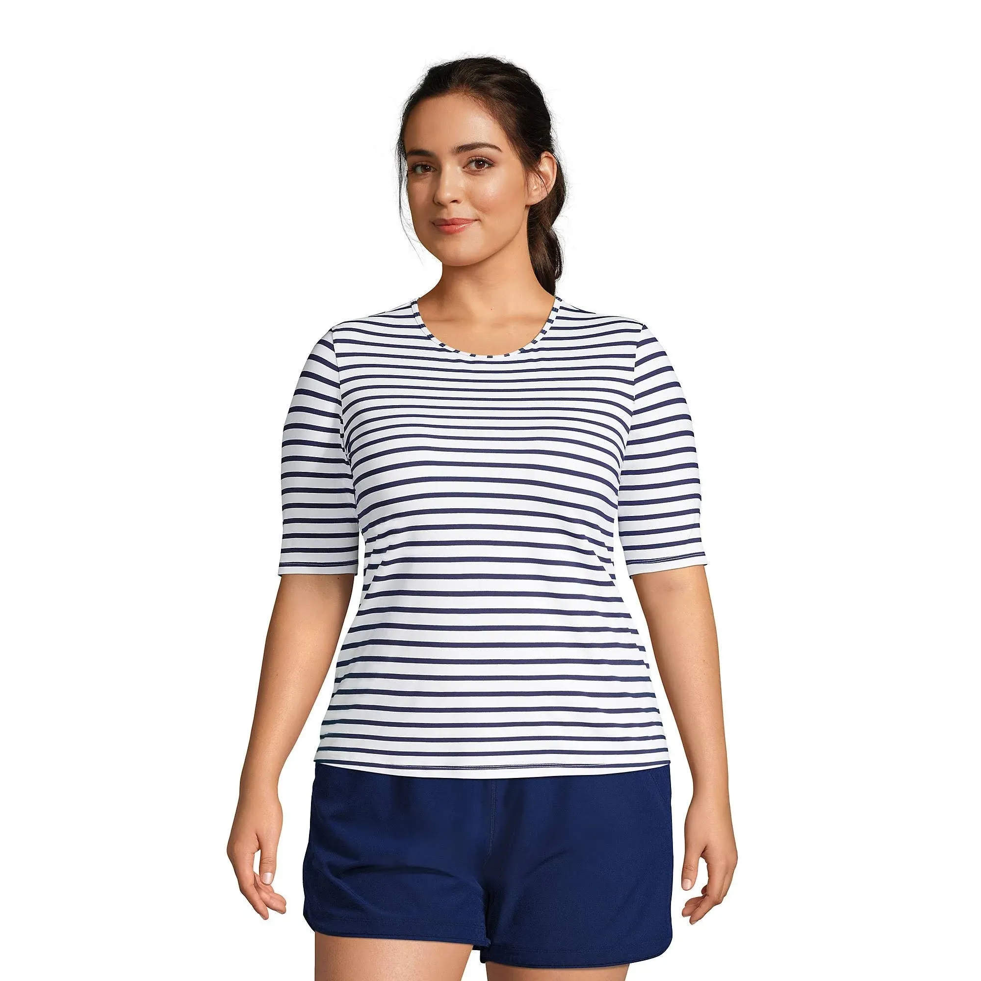 Lands' End Women's Plus Size Crew Neck Elbow Sleeve Rash Guard