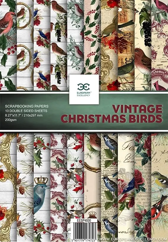 Scrapbooking Paper VINTAGE CHRISTMAS BIRDS 10 Double Sided Sheets Craft Paper, Scrapbooking Supplies, Decoupage Paper, Vintage Paper