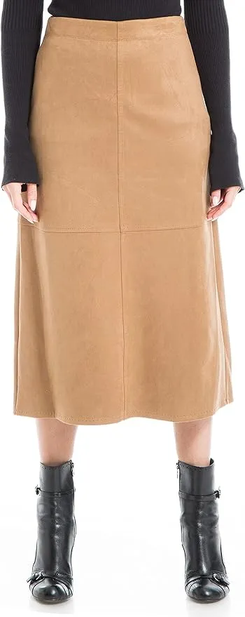 Max Studio Women's Faux Suede Elastic High Waisted Casual A-Line Midi Skirt