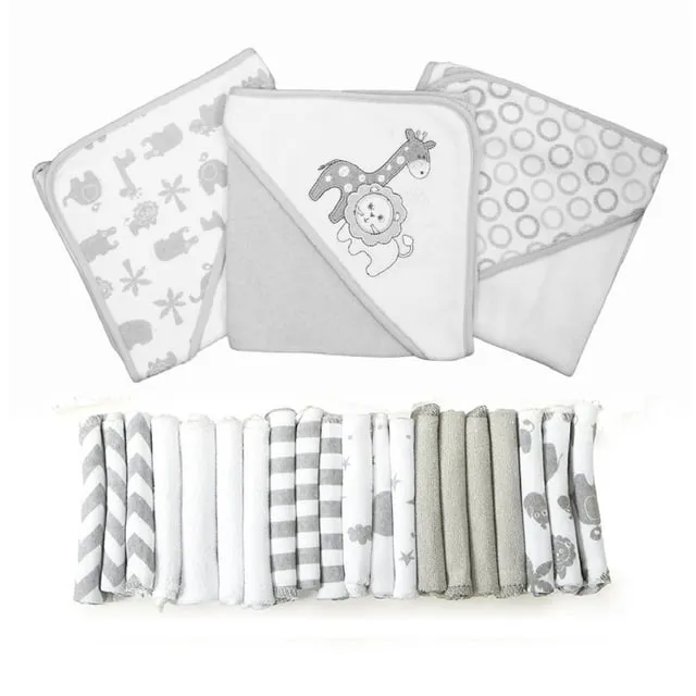 Spasilk Baby Bath Hooded Towels and Washcloths Assortment, 23 Piece Gift Set - Gray Lion