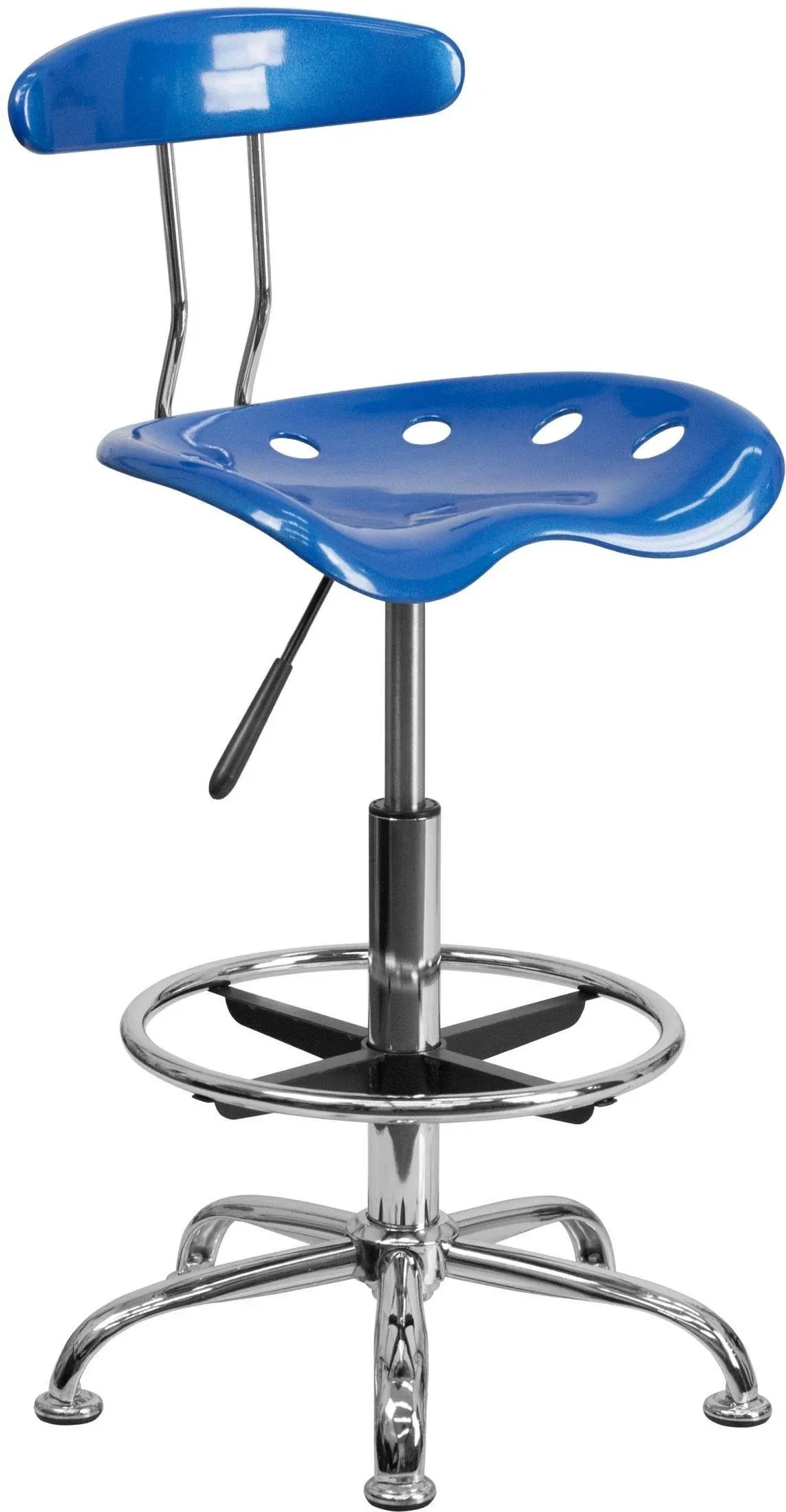 Vibrant Bright Blue and Chrome Drafting Stool with Tractor Seat