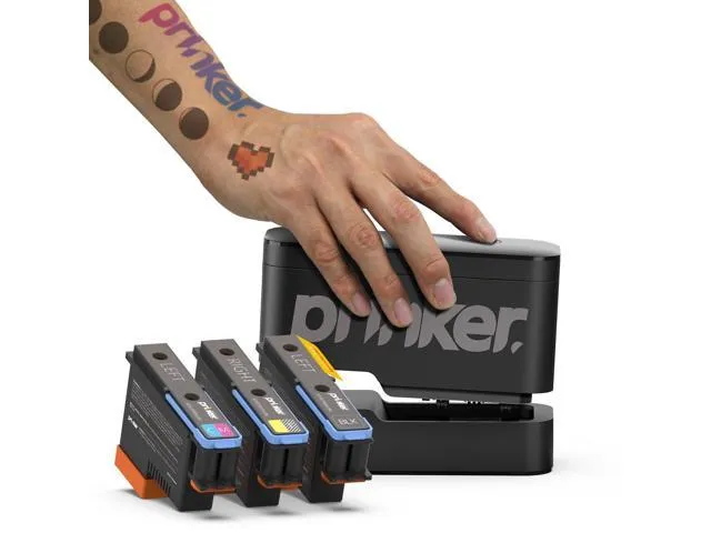 Prinker S Temporary Tattoo Device Package for Your Instant Custom Temporary Tattoos with Premium Cosmetic Full Color + Black Ink - Compatible w/iOS & Android devices