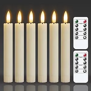 6.4 Inches Plastic LED Taper Candles with Remote and Timer,Ivory Flameless Battery Operated Flickering Candlesticks,Pack of 6 Flameless 0.78” Diameter 3D-Wick Tall Window Candles,Long-Lasting