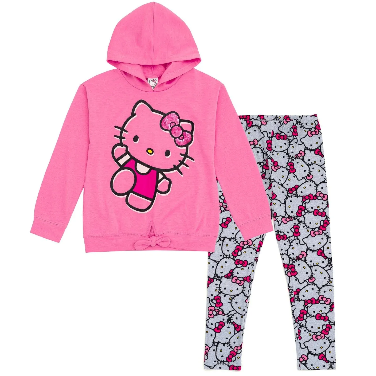 Hello Kitty Big Girls Pullover FleeceHoodie and Leggings Outfit Set Pink / Gray 14-16