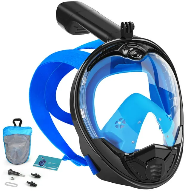 Full Face Snorkel Mask-Diving Mask with 180 Panoramic View Easy Breath Anti-Fog & Anti-Leak Detachable Camera Mount Dual Snorkeling Gear Perfect for Diving & Swimming Black+Blue L/XL