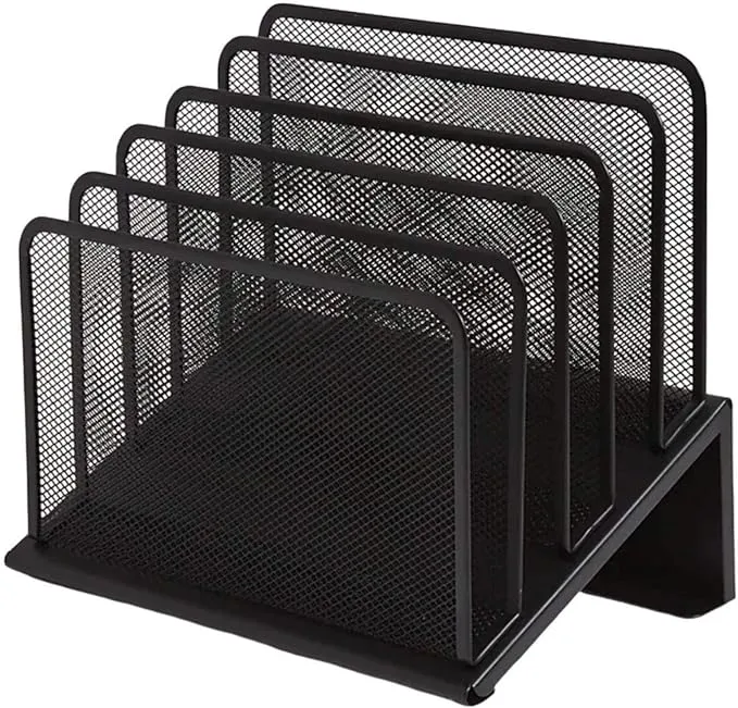 1InTheOffice Metal Mesh File Organizer, Black Wire Mesh 5 Section Incline Sorter, Black Finish