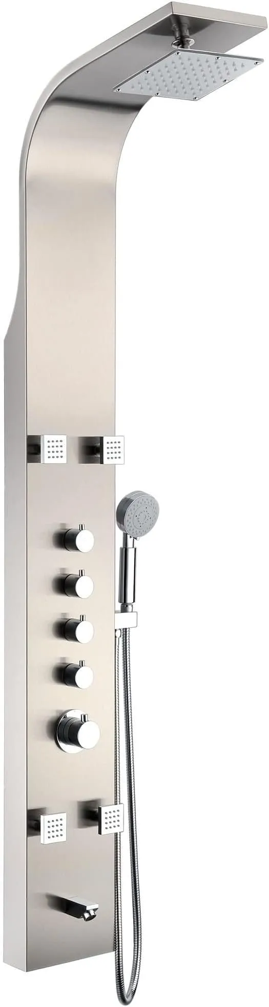 ANZZI Echo 63.5 in. 4-Jetted Shower Panel with Heavy Rain Shower and Spray Wand in Brushed Steel SP-AZ022