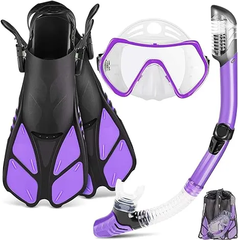 ZEEPORTE Mask Fin Snorkel Set with Adult Snorkeling Gear Panoramic View Diving Mask Trek Fin Dry Top Snorkel +Travel Bags Snorkel for Lap Swimming