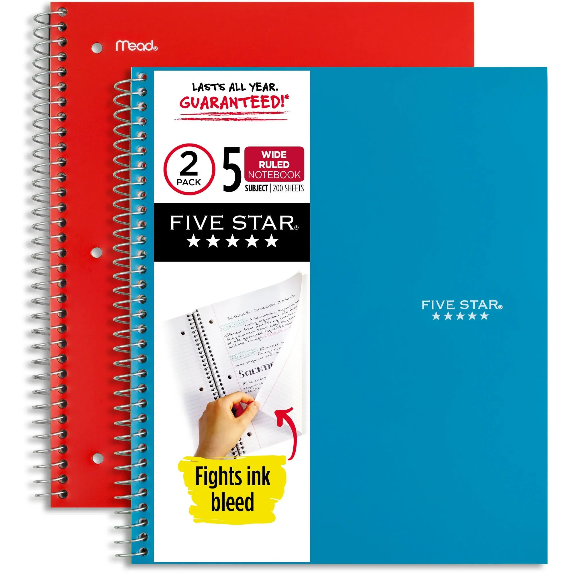 Five Star Wirebound Notebook 5 Subject Wide Ruled 8 x 10 12 2 Pack - Spiral