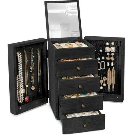 Meangood Women&#039;s 5-Tier Jewelry Box with Mirror and 4 Drawers, Black