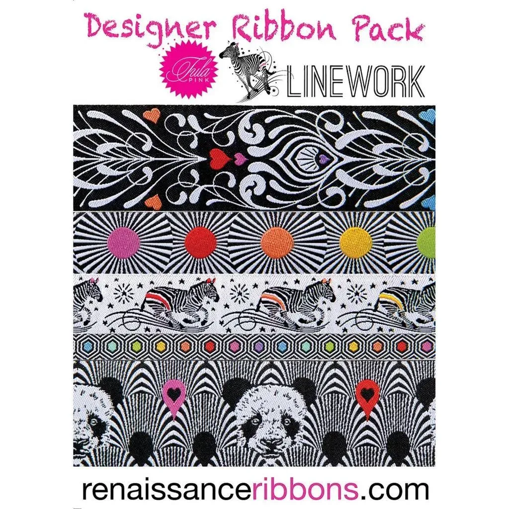 TULA PINK - LINEWORK DESIGNER RIBBON PACK - ZEBRA, PANDA, BLACK &amp; WHITE..