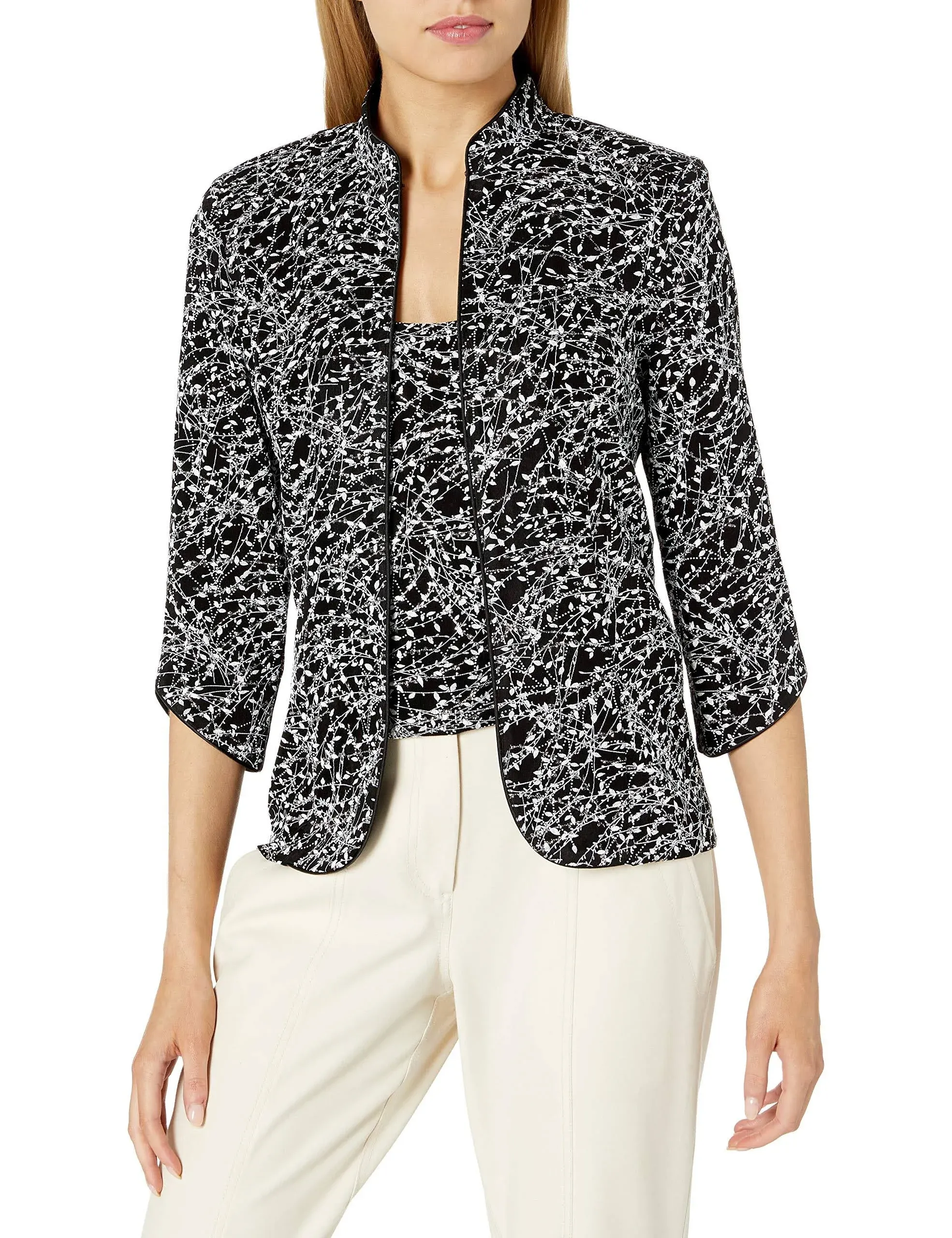 Alex Evenings Printed Mandarin Collar Twinset Top - Black