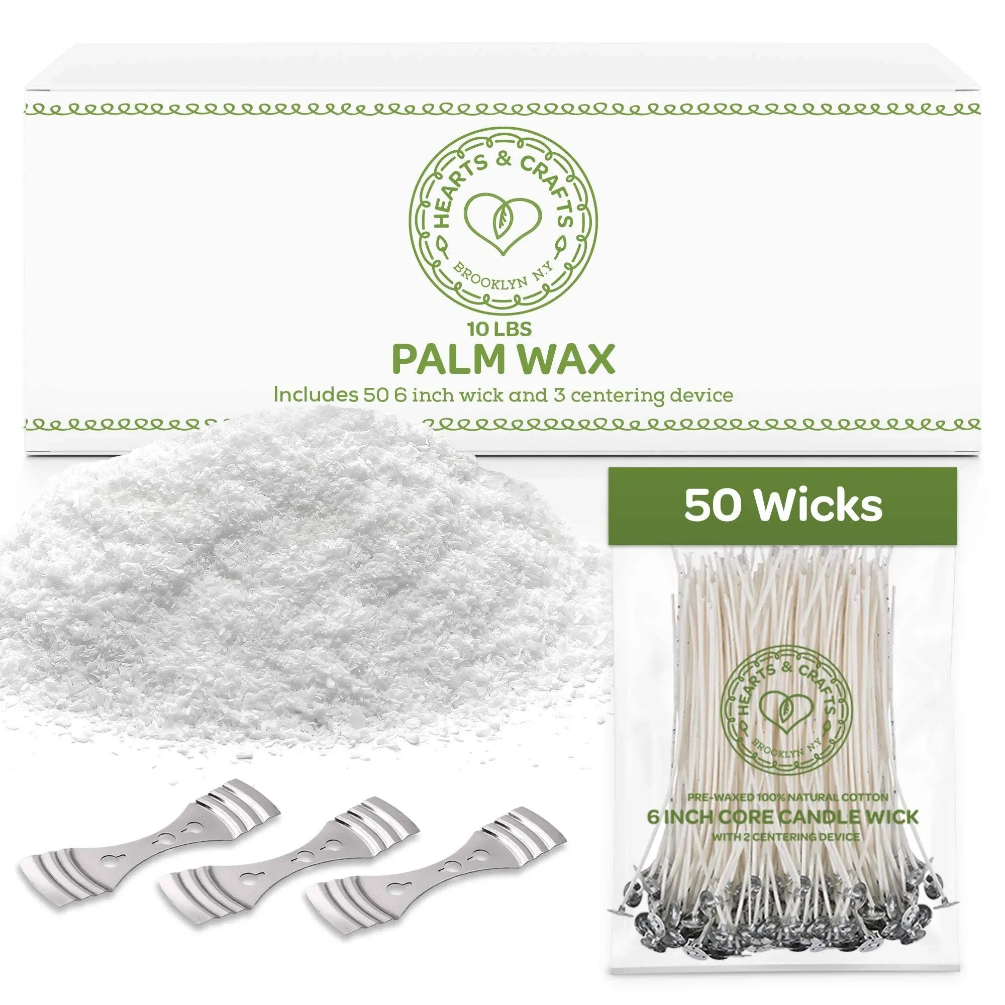 Hearts & Crafts Feathering Palm Candle Wax and Wicks for DIY Candle Making, All-Natural & RSPO Certified - 10lb Bag with 50ct 6” Pre-Waxed Candle Wicks, 3 Centering Device