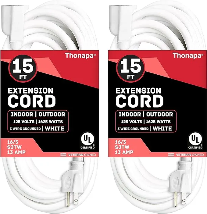 2 Pack White Extension Cord 15 ft, 16/3 SJTW Weatherproof Indoor & Outdoor Extension Cord 3 Prong Grounded Plug, Heavy Duty Power Cable Great for Home, Office, Outdoor Lights, US Veteran Owned