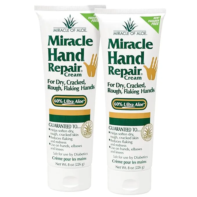 Miracle of Aloe Miracle Hand Repair Cream 8 oz Healing Aloe Vera Lotion for Dry, Cracked Hands with 60% Ultra Aloe Gel - Moisturizes, Softens, and Repairs - Non-Greasy, Lightly Scented (2-Pack)