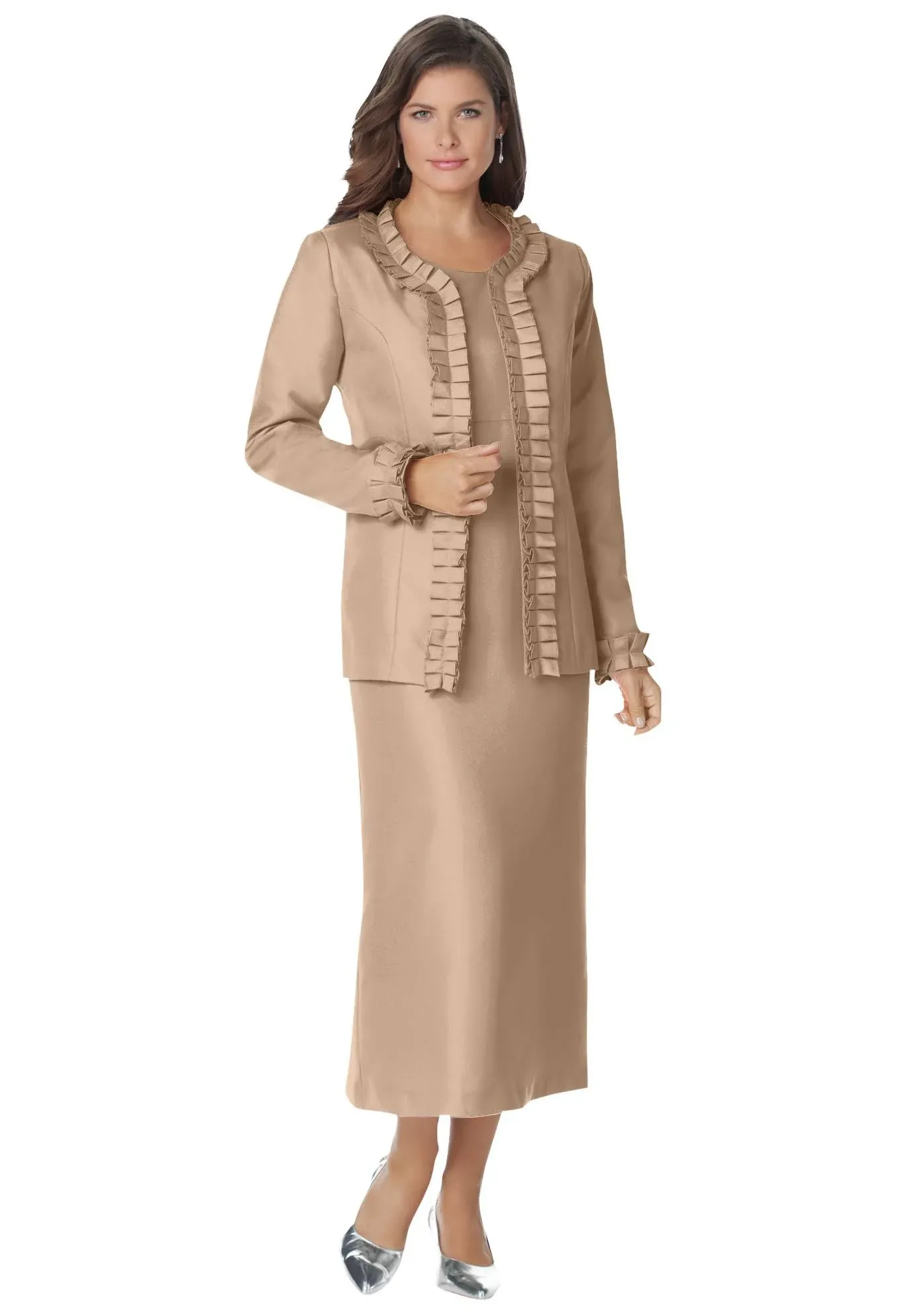 Roaman's Women's Plus Size Pleated Jacket Dress - 32 W, New Khaki