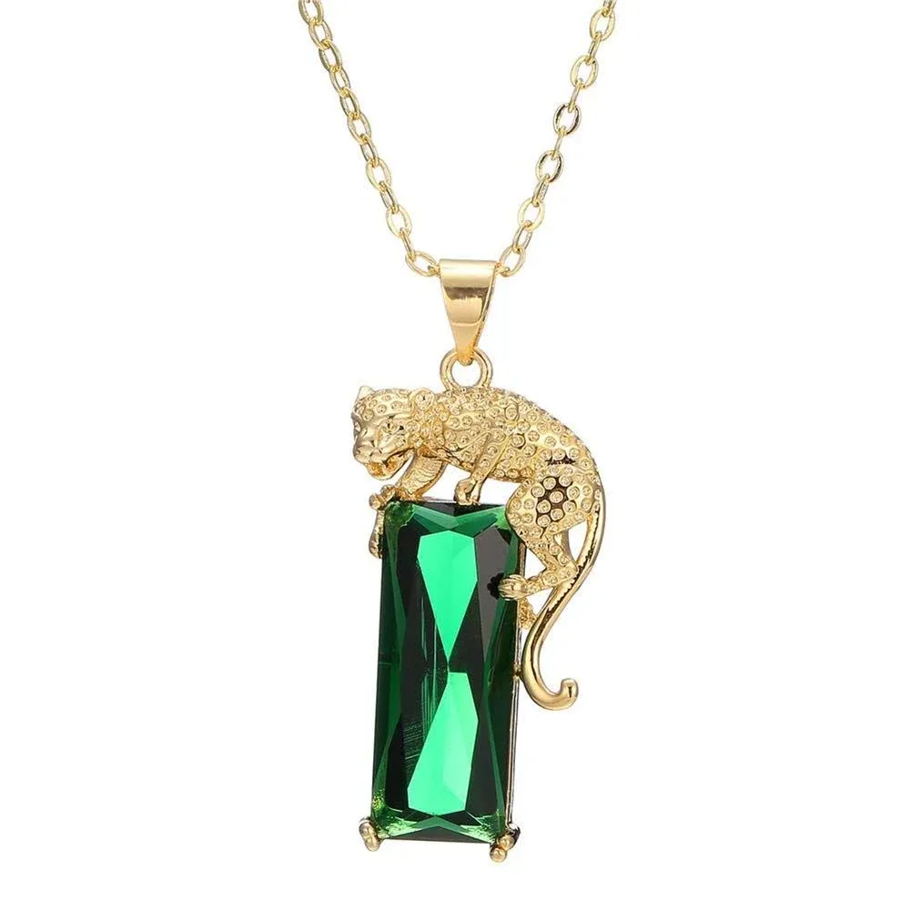 AILUOR 14K Gold Plated Green Crystal Leopard Pendant Necklace, Women Mens Hip Hop Punk Created Emerald Panther Necklace Jewelry