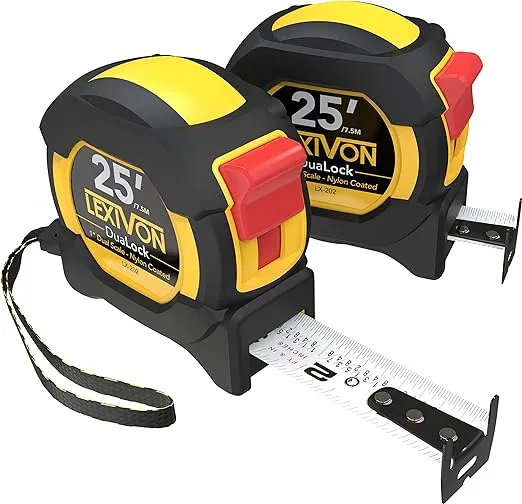 LEXIVON [2-Pack] 25Ft/7.5M Dualock Tape Measure | 1-Inch Wide Blade with Nylon C