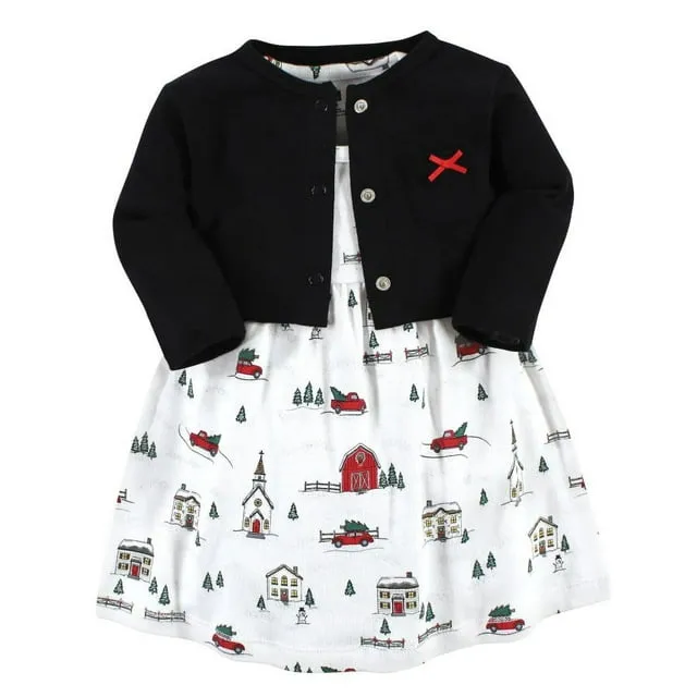 Hudson Baby Baby Girls' Christmas Scene Cotton Dress and Cardigan Set