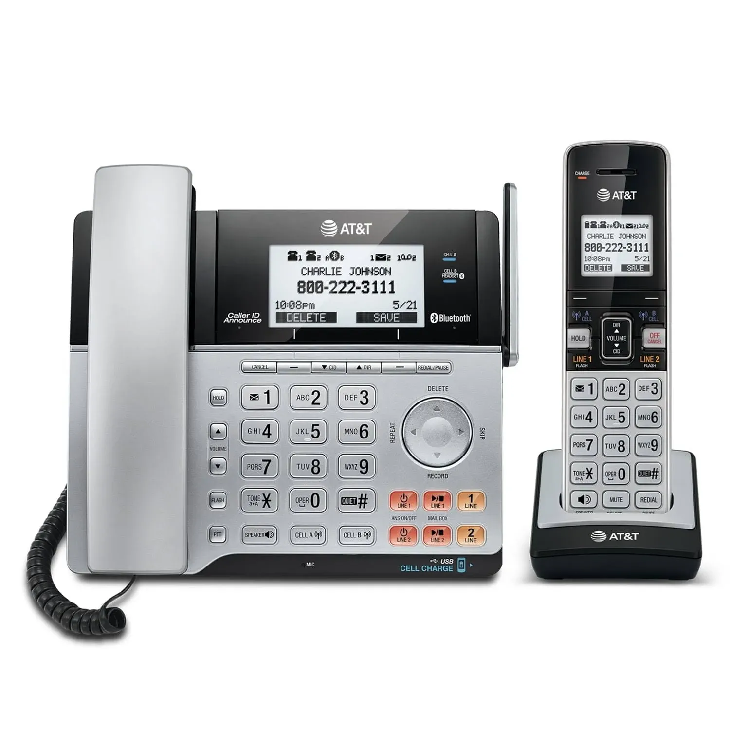 AT&T TL86103 2-Line Corded/Cordless for Small Business with Answering Machine, 2-Mailboxes, Connect-to-Cell, Caller ID Announcer, Intercom, Line-power, Long Range & Expandable to 12 Handsets