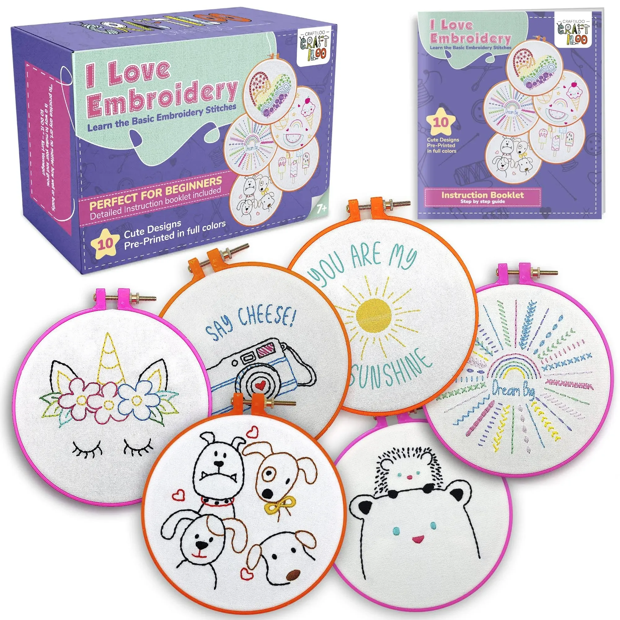 CRAFTILOO 10 Pre-Stamped Embroidery Patterns for Beginners Embroidery Kit for Kids Girls Needlepoint Kits for Beginners Cross Stitch Craft Sewing Perfect for Ages 7-13