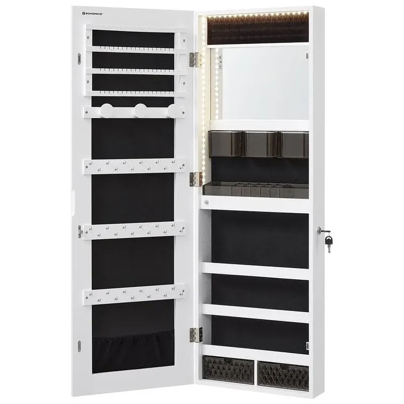 SONGMICS Jewelry Cabinet Armoire Organizer, Wall/Door Mount Storage Cabinet with Full-Length Frameless Lighted Mirror, Built-in Makeup Mirror, 2 Drawers, Lockable, White UJJC013W01