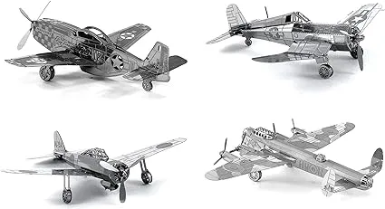 Set of 4 Fascinations Metal Earth Kits - Avro Lancaster Mitsubishi Zero F4U P-51