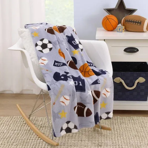 Everything Kids Sports Gray, Navy, Orange, and Brown Super Soft Toddler Blanket