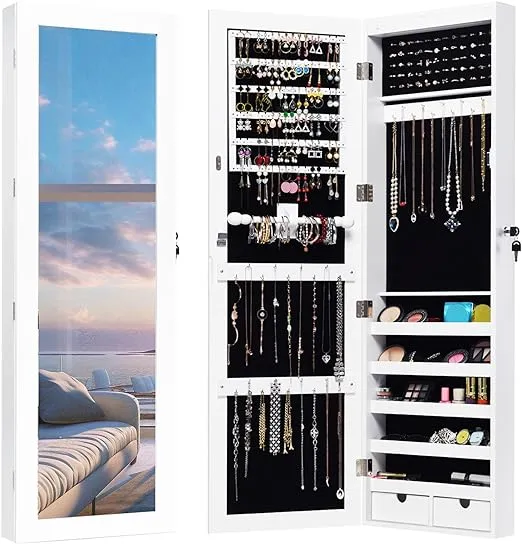 Giantex Jewelry Armoire Cabinet Wall Mounted Door Hanging, Lockable Jewelry Cabinet with Full Length Mirror, 15 LED Lights, Large Storage Jewelry Box Organizers with 2 Drawers (14.5"W x 4"D x 47.5"H)