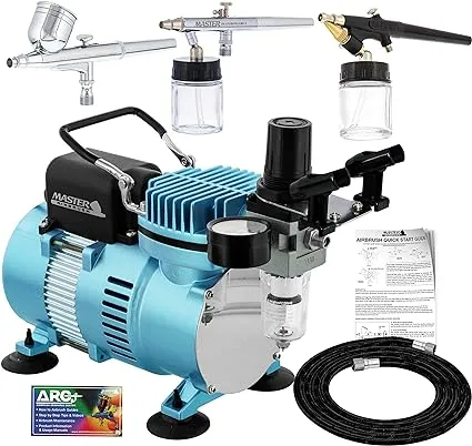 Master Airbrush Cool Runner II Dual Fan Air Compressor Professional Airbrushing System Kit with 3 Airbrush Sets, 0.3 mm Gravity