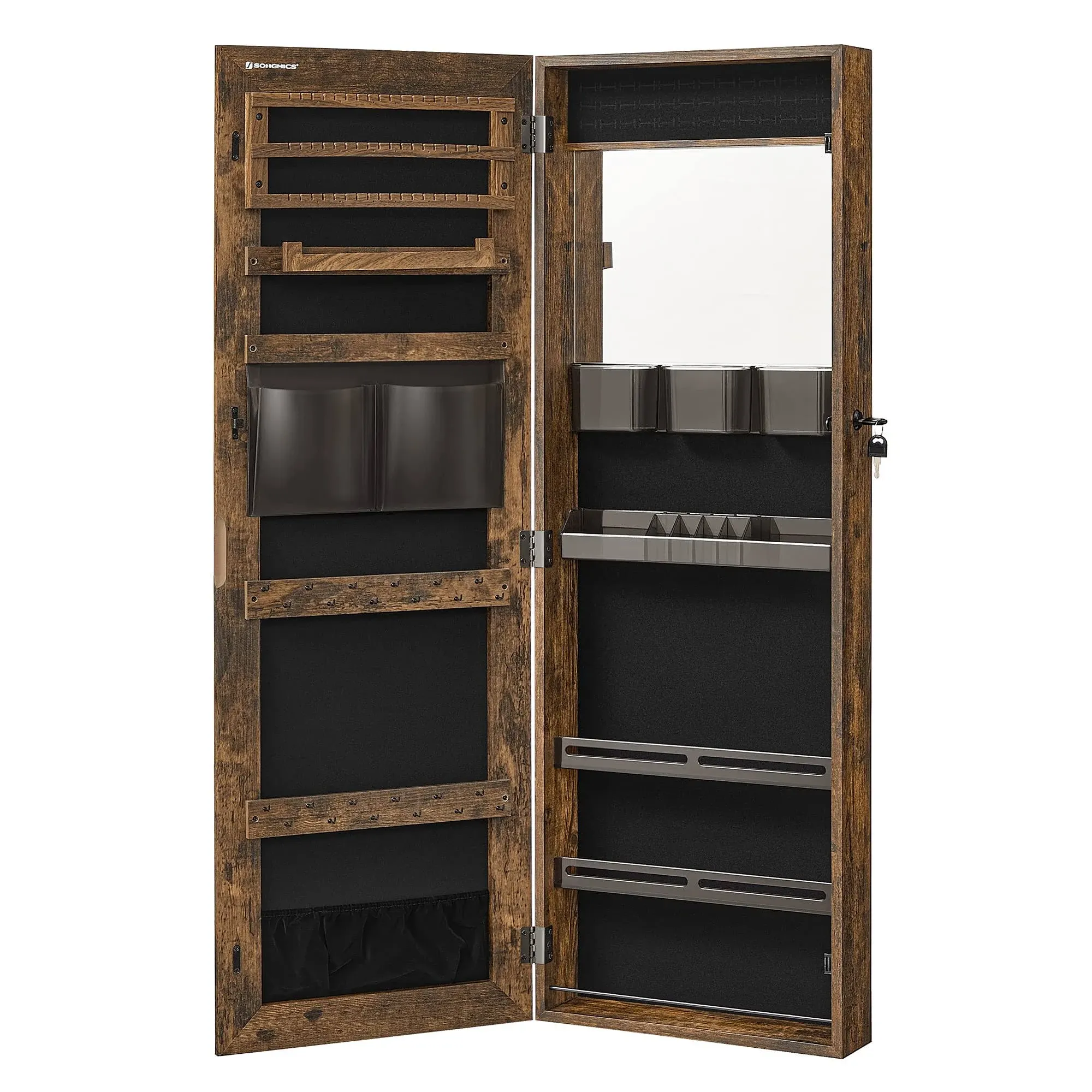 Lockable Jewelry Cabinet Armoire, Mirror Rustic Brown